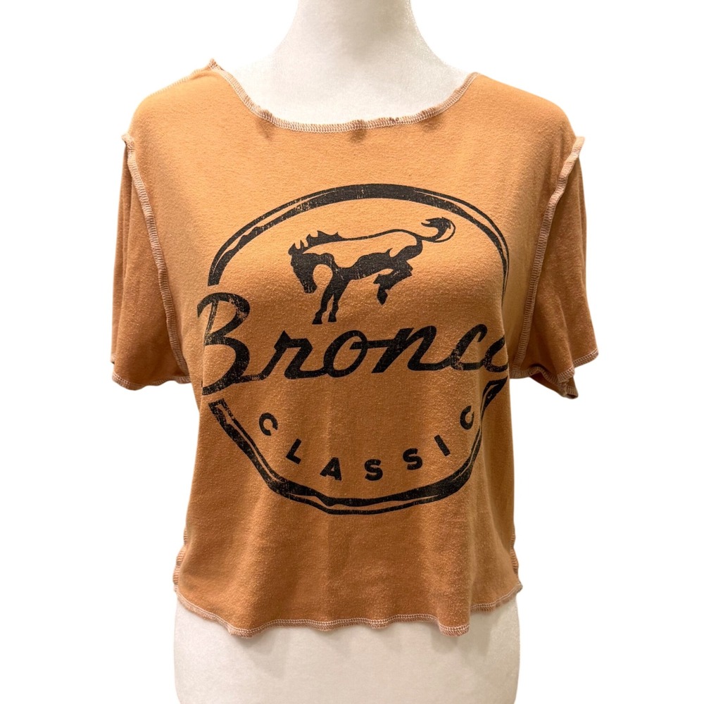 Ford Bronco Classic Graphic Tee Brown Short Sleeve Exposed Stitch Crop Top XL